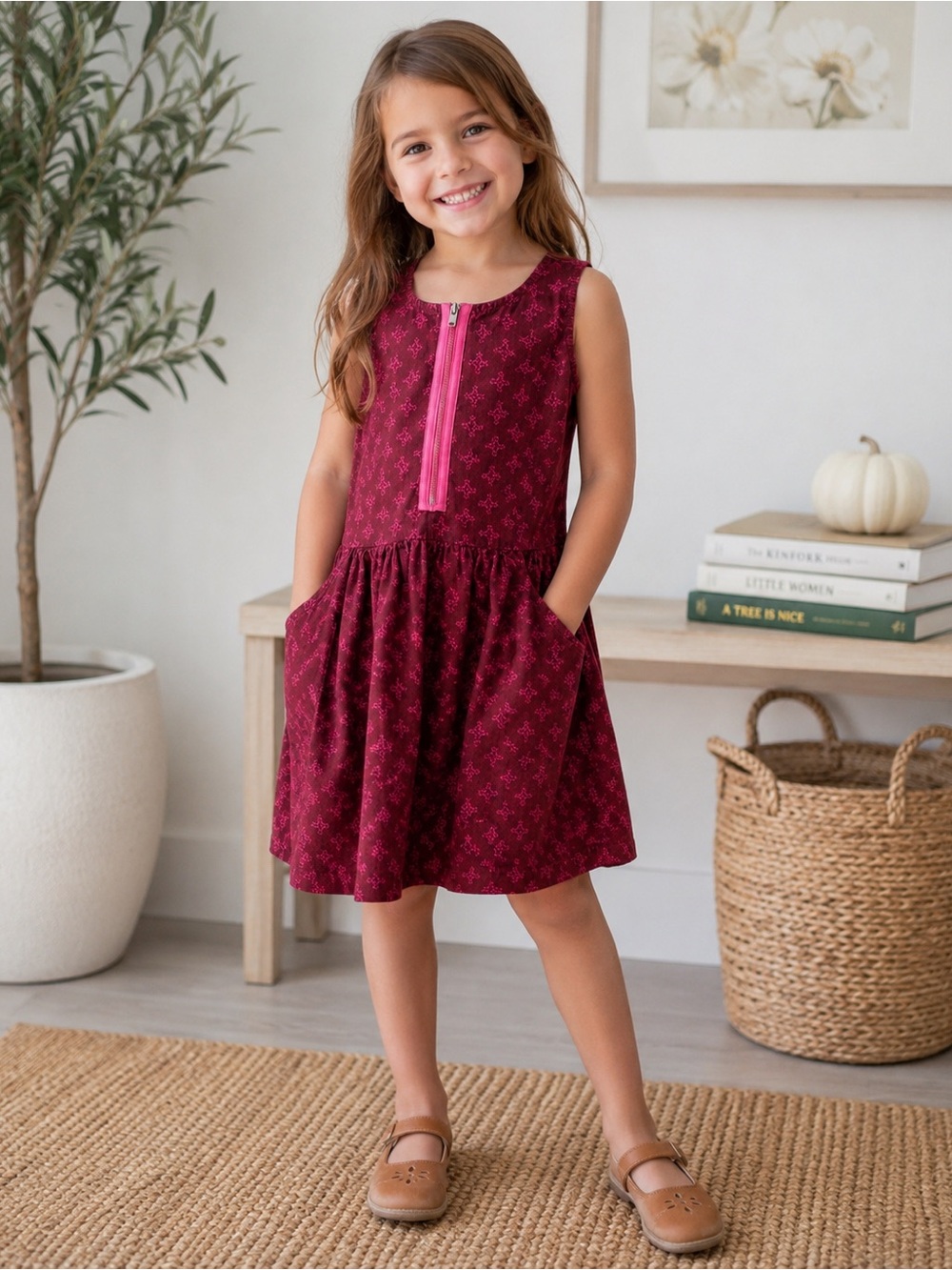 Tea Collection Girls Burgundy Printed Cotton Jumper Dress Size 4 Sleeveless Pock